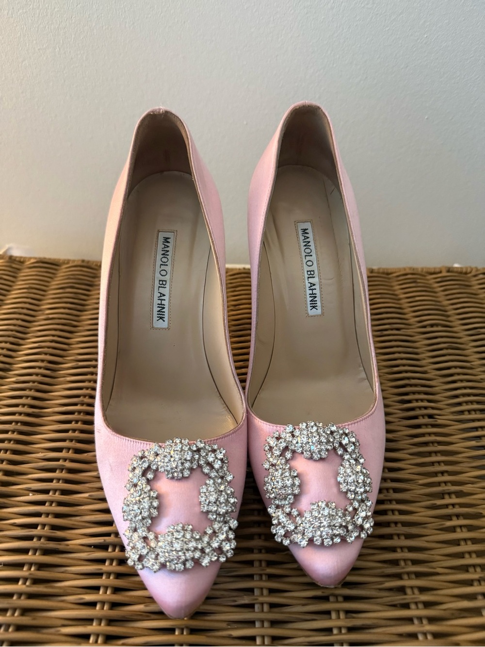Manolo Blahnik Pink Satin Pointed-Toe Pumps with Crystal Buckles